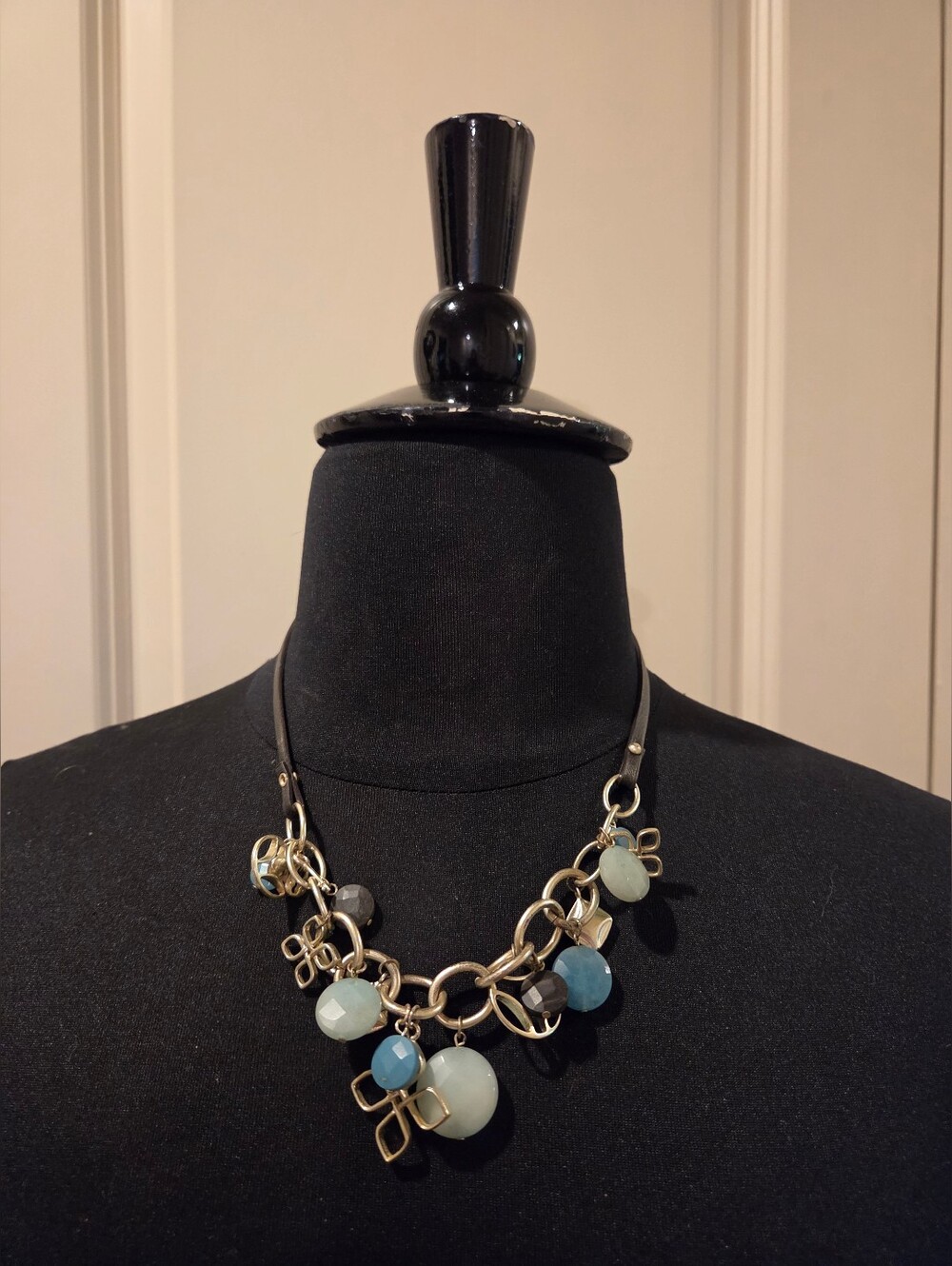 Fossil Blue and Light Blue Bead, Silver Tone Links And Leather Bib Necklace